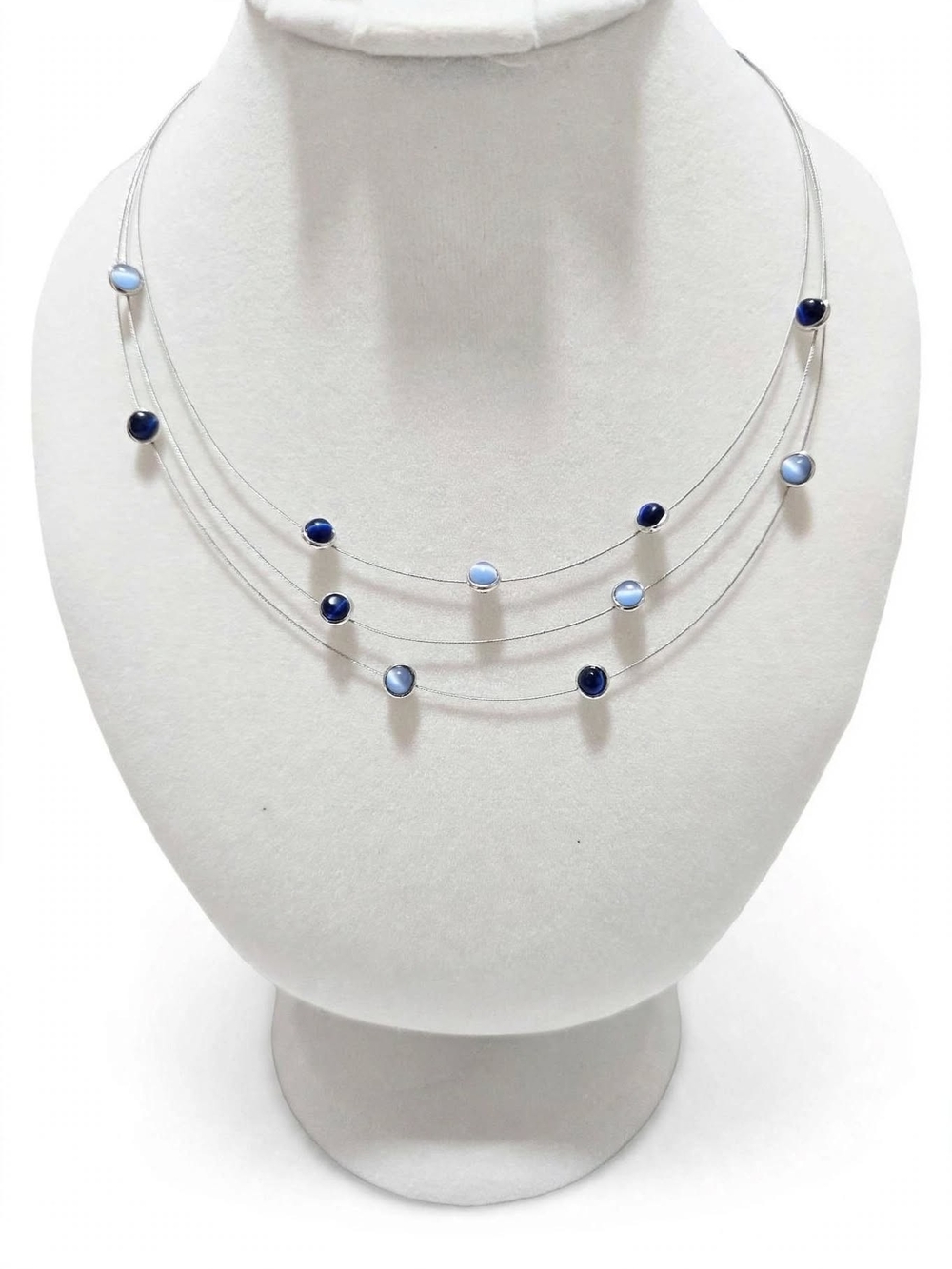 New York & Company Silver Multi-Strand Necklace with Light Blue and Navy Beads